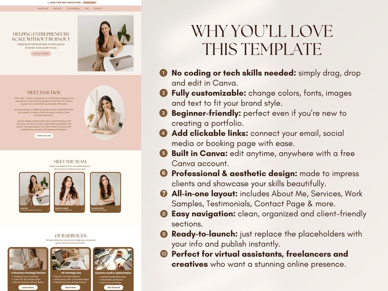 Puede incluir: Una plantilla de sitio web con una combinaci&oacute;n de colores rosa suave y marr&oacute;n. La plantilla incluye secciones para emprendedores, un equipo y servicios. El texto de la derecha destaca caracter&iacute;sticas como la f&aacute;cil personalizaci&oacute;n.