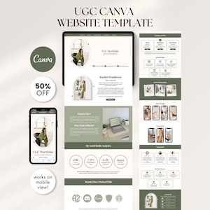Puede incluir: Una plantilla de sitio web que se muestra en una tableta y un teléfono inteligente, que muestra un diseño de portafolio. El diseño presenta una combinación de colores verde y blanco con el texto "UGC Canva Website Template". El teléfono inteligente muestra "works on mobile view!" y "50% OFF".