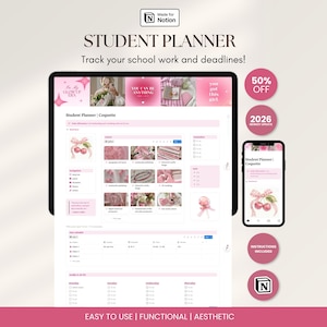 Könnte beinhalten: Ein digitaler Studentenplaner für Notion, dargestellt auf einem Tablet- und Smartphone-Bildschirm. Die Benutzeroberfläche zeigt ein rosa Farbschema mit Kirschillustrationen, Aufgabenlisten und einem Wochenplan. Der Text umfasst "STUDENT PLANNER", "Track your school work and deadlines!", "Student Planner | Coquette", "50% OFF", "2026" und "INSTRUCTIONS INCLUDED".