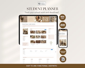 Modèle de planificateur étudiant Light Academia pour tableau de bord universitaire, organisateur de devoirs, emploi du temps, agenda esthétique tout-en-un