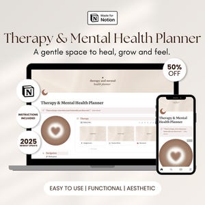Può includere: Un pianificatore digitale di terapia e salute mentale visualizzato su un laptop e uno smartphone. Il pianificatore presenta una palette di colori neutri e il testo "Therapy & Mental Health Planner" e "A gentle space to heal, grow and feel."