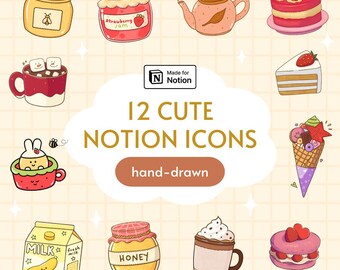 May include: A collection of 12 hand-drawn, cute Notion icons. The icons include a jar of honey, a strawberry jam jar, a pink teapot, a cake topped with strawberries, a cup of hot chocolate with marshmallows, and a slice of cake.