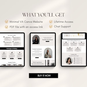May include: Three digital tablets displaying website mockups. The tablets show a minimal VA Canva website, services offered, packages, and client onboarding processes. Text includes "What You'll Get" and "Buy It Now."
