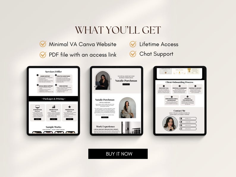 May include: Three digital tablets displaying website mockups. The tablets show a minimal VA Canva website, services offered, packages, and client onboarding processes. Text includes "What You'll Get" and "Buy It Now."