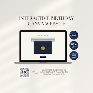 Könnte beinhalten: Ein Laptop-Bildschirm zeigt eine interaktive Geburtstags-Website-Vorlage mit dem Text INTERACTIVE BIRTHDAY CANVA WEBSITE, YOU GOT A MAIL und einem dunkelblauen Umschlag mit goldenem Wachssiegel. Enthält einen QR-Code und ein Canva-Logo.