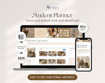 Light Academia Studentenplaner Notion-Vorlage für das College Dashboard Aufgabe Organizer Lernplan Ästhetik All in One Planer