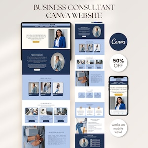 May include: A digital mockup of a business consultant website, displayed on a tablet and smartphone. The website design features a navy blue and light blue color scheme with images of a woman in a blazer. Text includes "BUSINESS CONSULTANT CANVA WEBSITE" and "50% OFF".