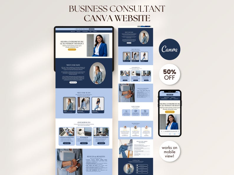 May include: A digital mockup of a business consultant website, displayed on a tablet and smartphone. The website design features a navy blue and light blue color scheme with images of a woman in a blazer. Text includes "BUSINESS CONSULTANT CANVA WEBSITE" and "50% OFF".