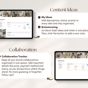 May include: Two tablets displaying content ideas and collaboration tracker interfaces. The "Content Ideas" section includes "My Ideas" and "Brainstorming" features. The "Collaboration" section features a tracker to organize brand collaborations.
