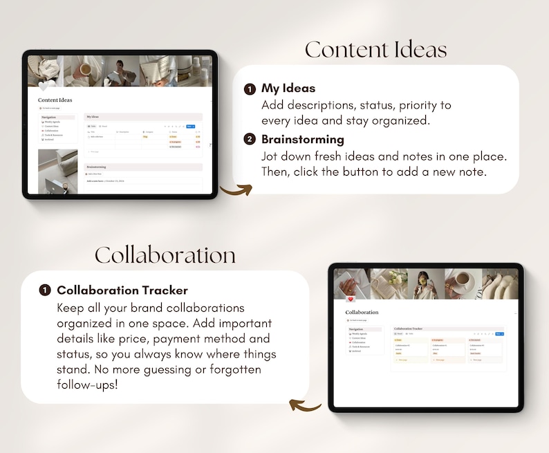 May include: Two tablets displaying content ideas and collaboration tracker interfaces. The "Content Ideas" section includes "My Ideas" and "Brainstorming" features. The "Collaboration" section features a tracker to organize brand collaborations.
