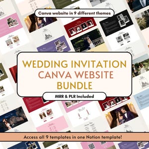 Könnte beinhalten: Eine Sammlung von Canva-Website-Vorlagen in verschiedenen Farben und Designs. Die zentrale Grafik lautet "WEDDING INVITATION CANVA WEBSITE BUNDLE" mit "MRR & PLR Included" darunter. Das Bild zeigt auch "Canva website in 9 different themes."