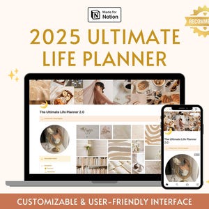 Może przedstawiać: Laptop i smartfon wyświetlają stronę internetową dla Ultimate Life Planner 2025. Strona zawiera kolaż obraz&oacute;w i tekst "The Ultimate Life Planner 2.0". Strona jest opisana jako konfigurowalna i przyjazna dla użytkownika.