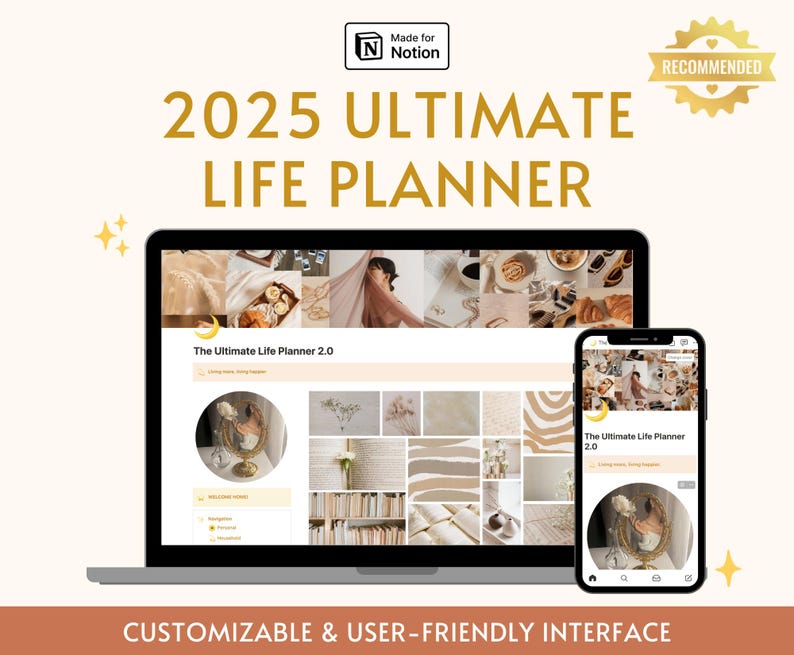 Może przedstawiać: Laptop i smartfon wyświetlają stronę internetową dla Ultimate Life Planner 2025. Strona zawiera kolaż obraz&oacute;w i tekst "The Ultimate Life Planner 2.0". Strona jest opisana jako konfigurowalna i przyjazna dla użytkownika.