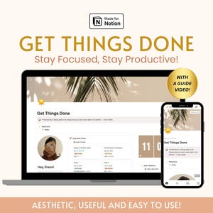 Puede incluir: Una pantalla de computadora portátil que muestra un espacio de trabajo de Notion con el texto "Get Things Done" y un temporizador que cuenta hacia atrás desde las 11:00. El espacio de trabajo está diseñado para ayudar a los usuarios a mantenerse enfocados y productivos. La imagen también incluye un teléfono inteligente que muestra un espacio de trabajo similar con el texto "Get Things Done".