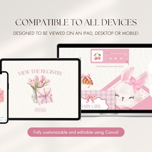 May include: A digital template set displayed on a mobile phone, tablet, and laptop screen. The graphics feature pink watercolour illustrations of tulips, a gift, a bunny, and text including COMPATIBLE TO ALL DEVICES, VIEW THE REGISTRY, and BABY GIRL.