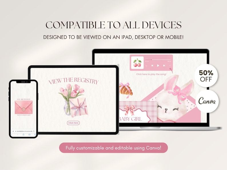 May include: A digital template set displayed on a mobile phone, tablet, and laptop screen. The graphics feature pink watercolour illustrations of tulips, a gift, a bunny, and text including COMPATIBLE TO ALL DEVICES, VIEW THE REGISTRY, and BABY GIRL.