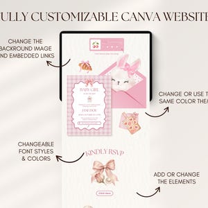 May include: A digital Canva website template featuring a pink and white colour scheme with illustrations of a bunny, a bow, and a croissant. The layout includes text fields for baby shower details, RSVP sections, and buttons labelled Click Here.