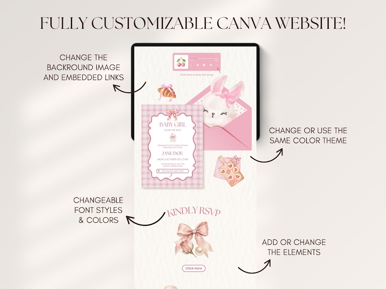 May include: A digital Canva website template featuring a pink and white colour scheme with illustrations of a bunny, a bow, and a croissant. The layout includes text fields for baby shower details, RSVP sections, and buttons labelled Click Here.