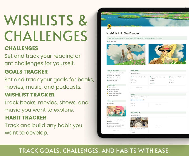 Estetisk underhållningsspårare Notion Dashboard Studio Ghibli-filmer Digital bokhylla Serier Filmspårning Personligt bibliotek Medieplanerare bild 8