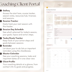 May include: A digital interface for a Coaching Client Portal, featuring sections for Gallery, Session Tracker, Session Day Schedule, Tasks/Goals Tracker, Reminder, Master Calendar, and Client Profile. The design is clean with a light beige and white color scheme.