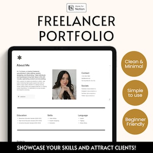 May include: A digital freelancer portfolio template on a tablet, featuring a headshot, contact information, and skills. The design is clean and minimal, with the text "FREELANCER PORTFOLIO" at the top. The template is beginner-friendly.