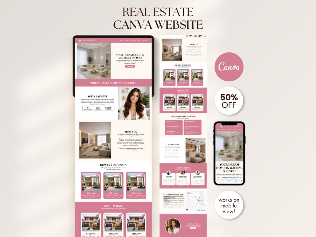 Pink Real Estate Canva Website Template Modern Agent Landing Page ...