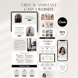 May include: A digital marketing design showcasing a virtual assistant Canva website. The design includes website mockups on a tablet and phone, with the text "Virtual Assistant Canva Website" and "Natalie Porchman". A "50% OFF" badge is also visible.