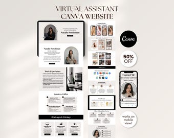 Portafolio de asistente virtual minimalista oscuro. Plantilla web Canva. Presentación Canva editable. Sitio web de portafolio listo para usar. Página de inicio para asistente virtual.