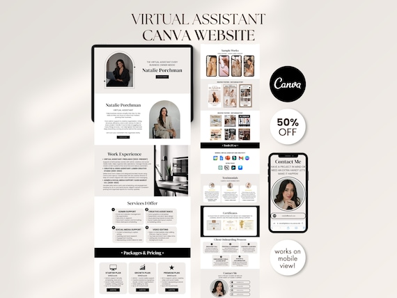 Dark Minimal Virtual Assistant Portfolio Canva Website Template Canva Presentation Editable Portfolio Website Done For You VA Landing Page