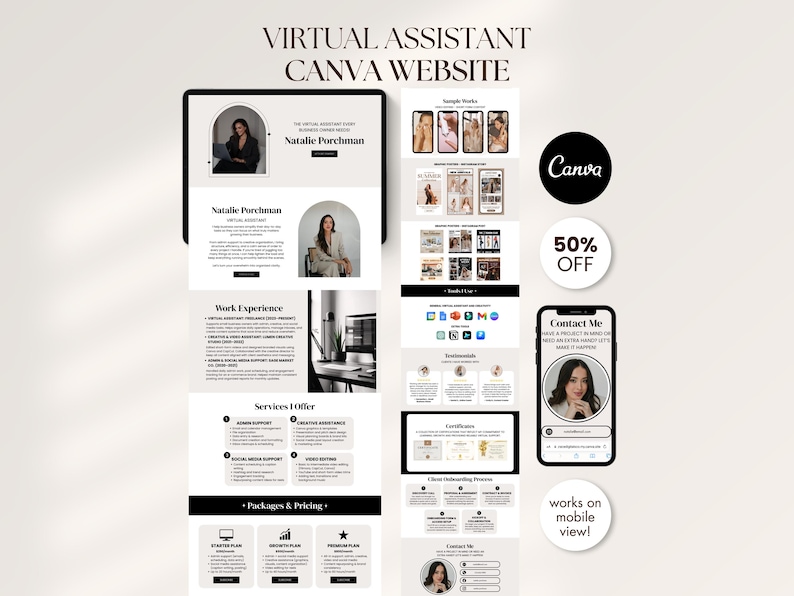 May include: A digital marketing design showcasing a virtual assistant Canva website. The design includes website mockups on a tablet and phone, with the text "Virtual Assistant Canva Website" and "Natalie Porchman". A "50% OFF" badge is also visible.