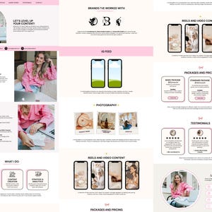 May include: A website design with a pink and white color scheme. The site includes sections for social media management, content creation, and strategy & analytics. There are also sections for photography, reels, and video content.
