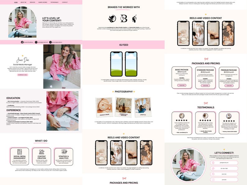 May include: A website design with a pink and white color scheme. The site includes sections for social media management, content creation, and strategy & analytics. There are also sections for photography, reels, and video content.