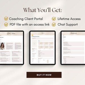 May include: Three digital tablets displaying coaching content. The tablets show the text "Start Here", "Coaching Client Portal", and "Sessions". The image also includes the text "What You'll Get: Coaching Client Portal, Lifetime Access, PDF file with an access link, Chat Support" and "BUY IT NOW".