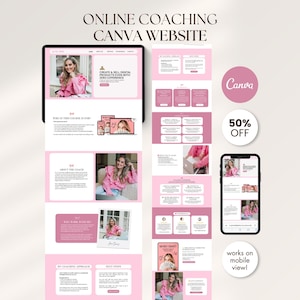 Pode incluir: Anúncio de um curso de coaching online, apresentando um design de site em um tablet e smartphone. O design é predominantemente rosa e branco, com o texto "ONLINE COACHING CANVA WEBSITE". Um círculo "50% OFF" também está incluído.
