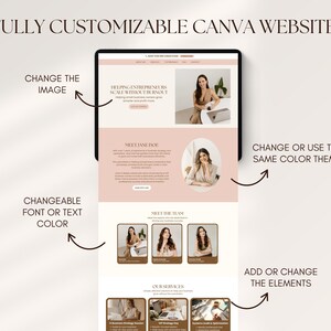 Puede incluir: Una tableta digital muestra un dise&ntilde;o de sitio web con el texto "FULLY CUSTOMIZABLE CANVA WEBSITE!". El dise&ntilde;o del sitio web incluye im&aacute;genes, texto y esquemas de color que se pueden cambiar. Las flechas indican opciones de personalizaci&oacute;n.