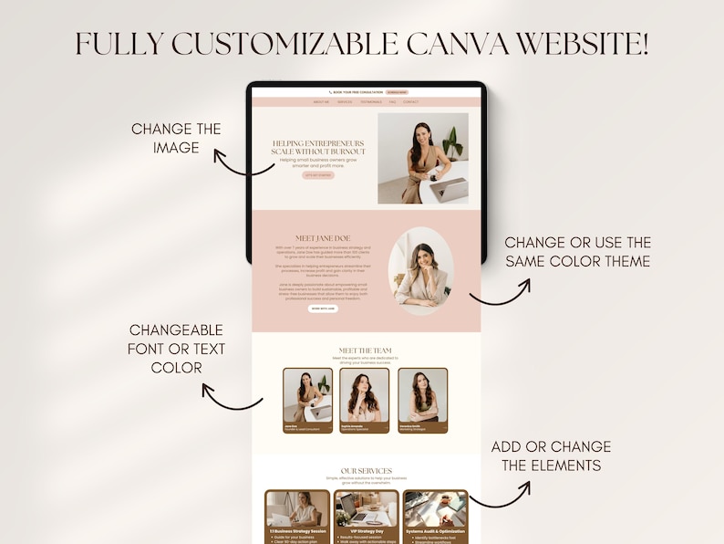 Puede incluir: Una tableta digital muestra un dise&ntilde;o de sitio web con el texto "FULLY CUSTOMIZABLE CANVA WEBSITE!". El dise&ntilde;o del sitio web incluye im&aacute;genes, texto y esquemas de color que se pueden cambiar. Las flechas indican opciones de personalizaci&oacute;n.