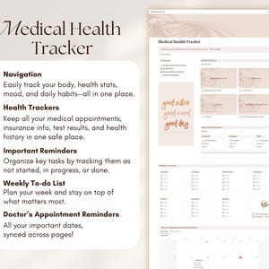 May include: A printable medical health tracker with sections for navigation, health trackers, important reminders, weekly to-do list, and doctor's appointment reminders. The tracker has a light pink background with brown text and illustrations.