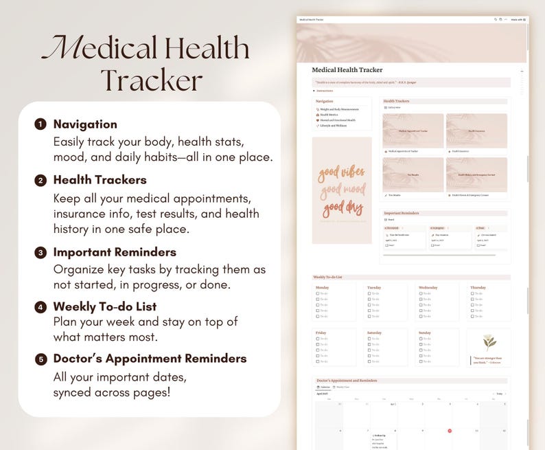 May include: A printable medical health tracker with sections for navigation, health trackers, important reminders, weekly to-do list, and doctor's appointment reminders. The tracker has a light pink background with brown text and illustrations.
