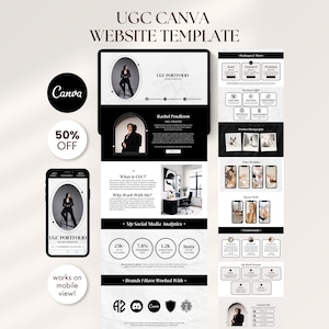 May include: A website template design in black and white, showcasing a portfolio layout. The design includes a tablet and smartphone view, with the Canva logo and text "50% OFF". The text "UGC CANVA WEBSITE TEMPLATE" is also visible.