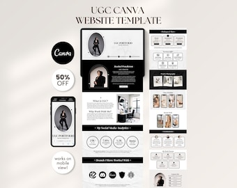 Plantilla web minimalista oscura para portafolio de UGC en Canva para creadores de contenido. Kit de redes sociales. Página de destino. Plantilla de portafolio para creadores de UGC.