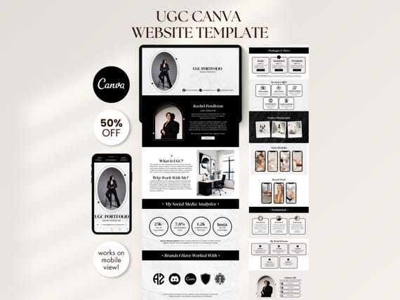 Dark Minimal UGC Portfolio Canva Website Template for Content Creators Social Media Kit Landing Page UGC Creator Portfolio Template
