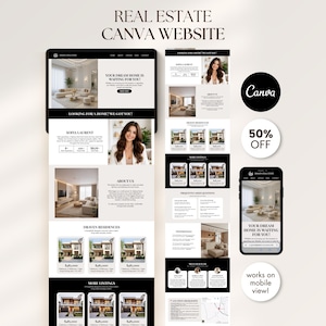 Puede incluir: Maqueta digital de un diseño de sitio web de bienes raíces, que se muestra en una tableta y un teléfono inteligente. El diseño presenta una estética limpia y moderna con tonos neutros e imágenes de casas. El texto incluye "Real Estate Canva Website" y "Your dream home is waiting for you!"
