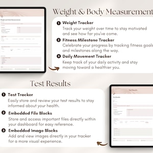 May include: A digital planner template with a pink and brown colour scheme. The template is designed to track weight, fitness milestones, and daily movement. The template also includes sections for test results, embedded files, and embedded images.