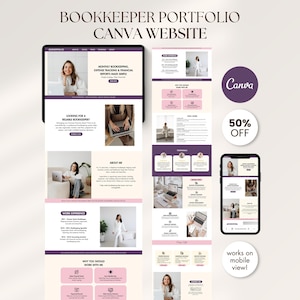 Può includere: Un modello digitale per un sito web portfolio Canva per contabili con una combinazione di colori viola e crema. Il layout include sezioni per servizi, chi sono ed esperienza lavorativa, visualizzate su un tablet e uno smartphone.