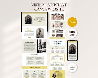 Gele virtuele assistent Portfolio Canva-websitesjabloon Canva-presentatie Bewerkbare portfoliowebsite Done For You VA-bestemmingspagina