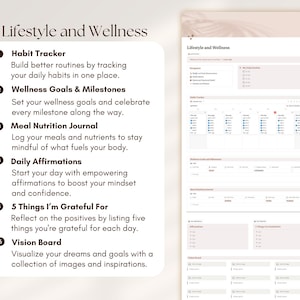 May include: A printable worksheet with a list of lifestyle and wellness goals, including habit tracking, wellness goals, meal nutrition journaling, daily affirmations, gratitude, and vision boards.