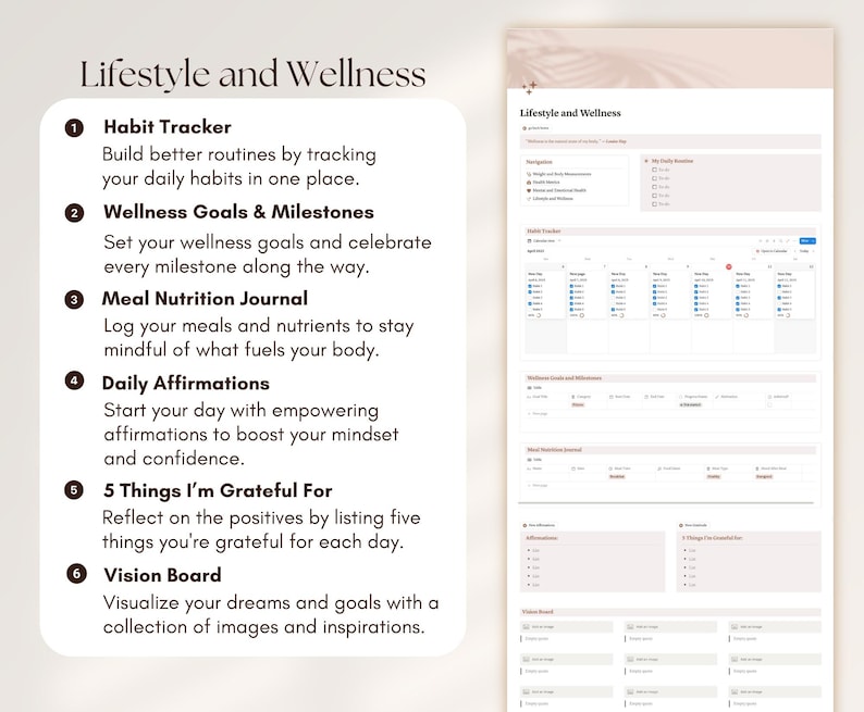 May include: A printable worksheet with a list of lifestyle and wellness goals, including habit tracking, wellness goals, meal nutrition journaling, daily affirmations, gratitude, and vision boards.