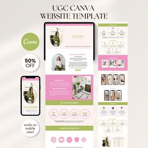 May include: A digital website template displayed on a tablet and smartphone, with a pink and green color scheme. The template includes the text "UGC CANVA WEBSITE TEMPLATE" and "50% OFF". The design is optimized for mobile viewing.