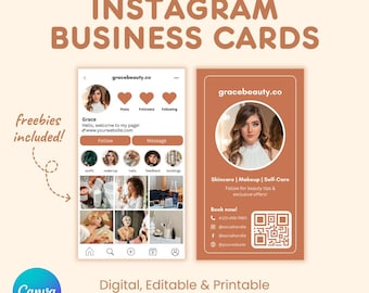 May include: Instagram business cards with a peach background. The design includes a mock-up of an Instagram profile and a business card with contact information. The text reads "Digital, Editable & Printable Business Cards!"