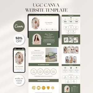 Puede incluir: Una plantilla de sitio web de marketing digital que se muestra en una tableta y un teléfono inteligente, que muestra un diseño de portafolio con una combinación de colores verde y blanco. El diseño incluye el texto "UGC Canva Website Template" y "50% OFF". La plantilla está diseñada para funcionar en dispositivos móviles.